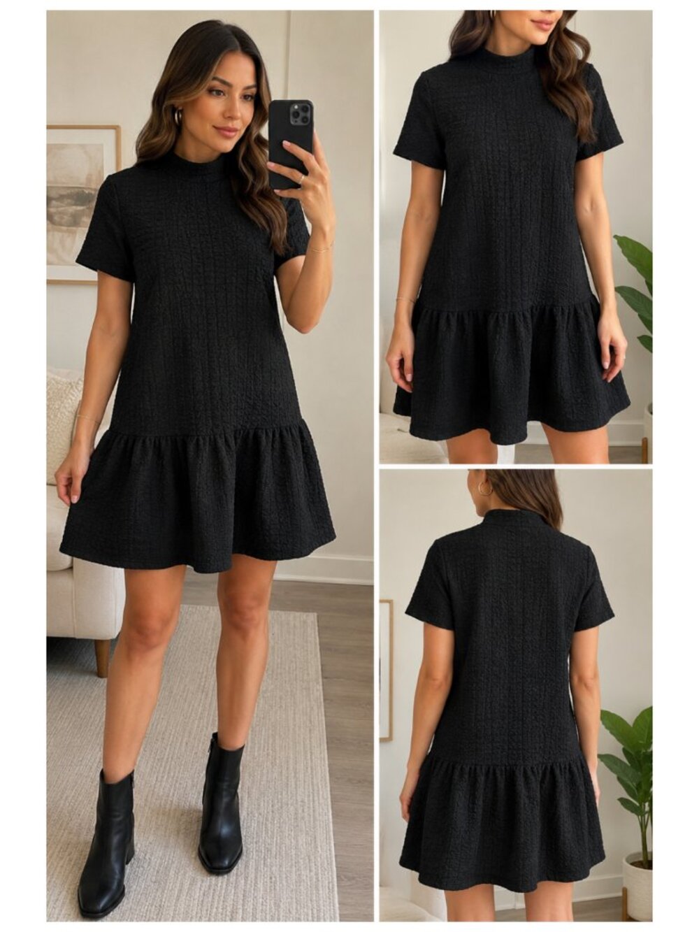 Zara Black Textured Mock Neck Drop Waist Dress Size Small